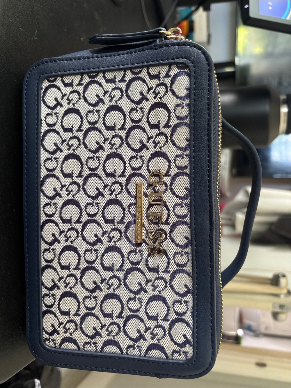 Guess Navy and Ivory Signature Zip Wristlet